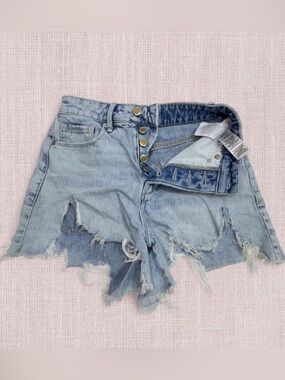 Good American Light Blue Distressed Button Fly High Rise Denim Shorts | Size 00